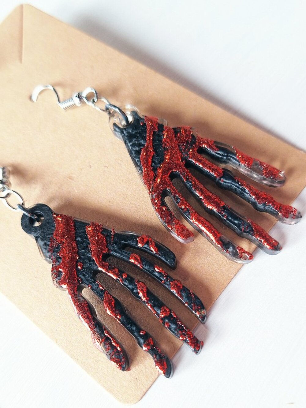 Bloody Hand Dangle Earrings – Red Glitter Resin – Halloween Gothic Jewelry – Hor